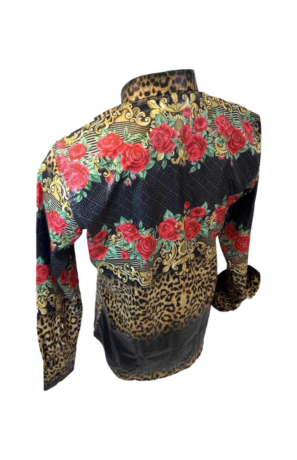 Men's Long Sleeve Button Down Dress Shirt Floral Rose Leopard Black Red Gold