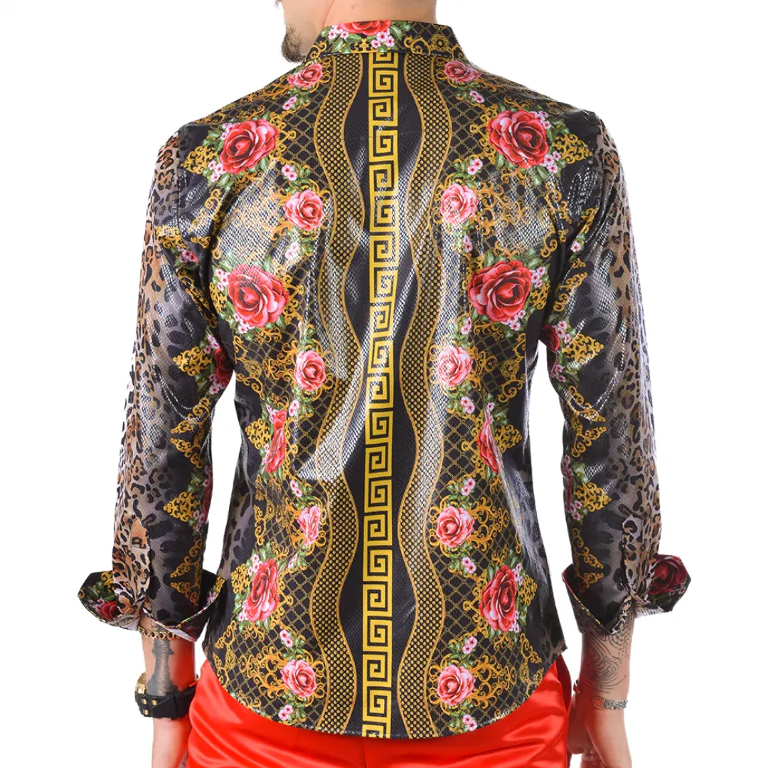 Men's Long Sleeve Button Down Dress Shirt Floral Rose Leopard Sleeves Black Red Gold