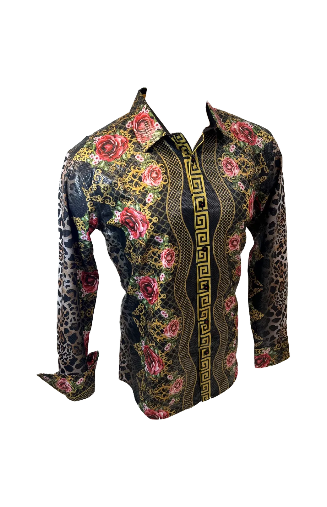 Men's Long Sleeve Button Down Dress Shirt Floral Rose Leopard Sleeves Black Red Gold
