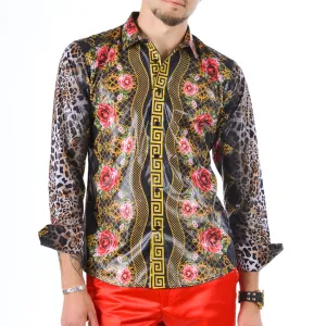 Men's Long Sleeve Button Down Dress Shirt Floral Rose Leopard Sleeves Black Red Gold