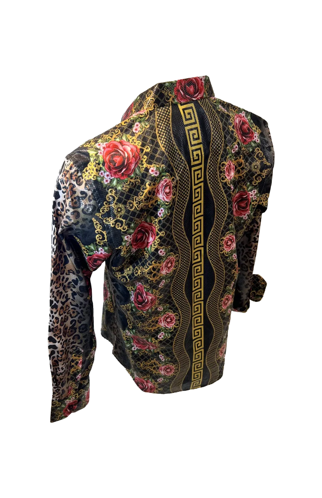 Men's Long Sleeve Button Down Dress Shirt Floral Rose Leopard Sleeves Black Red Gold