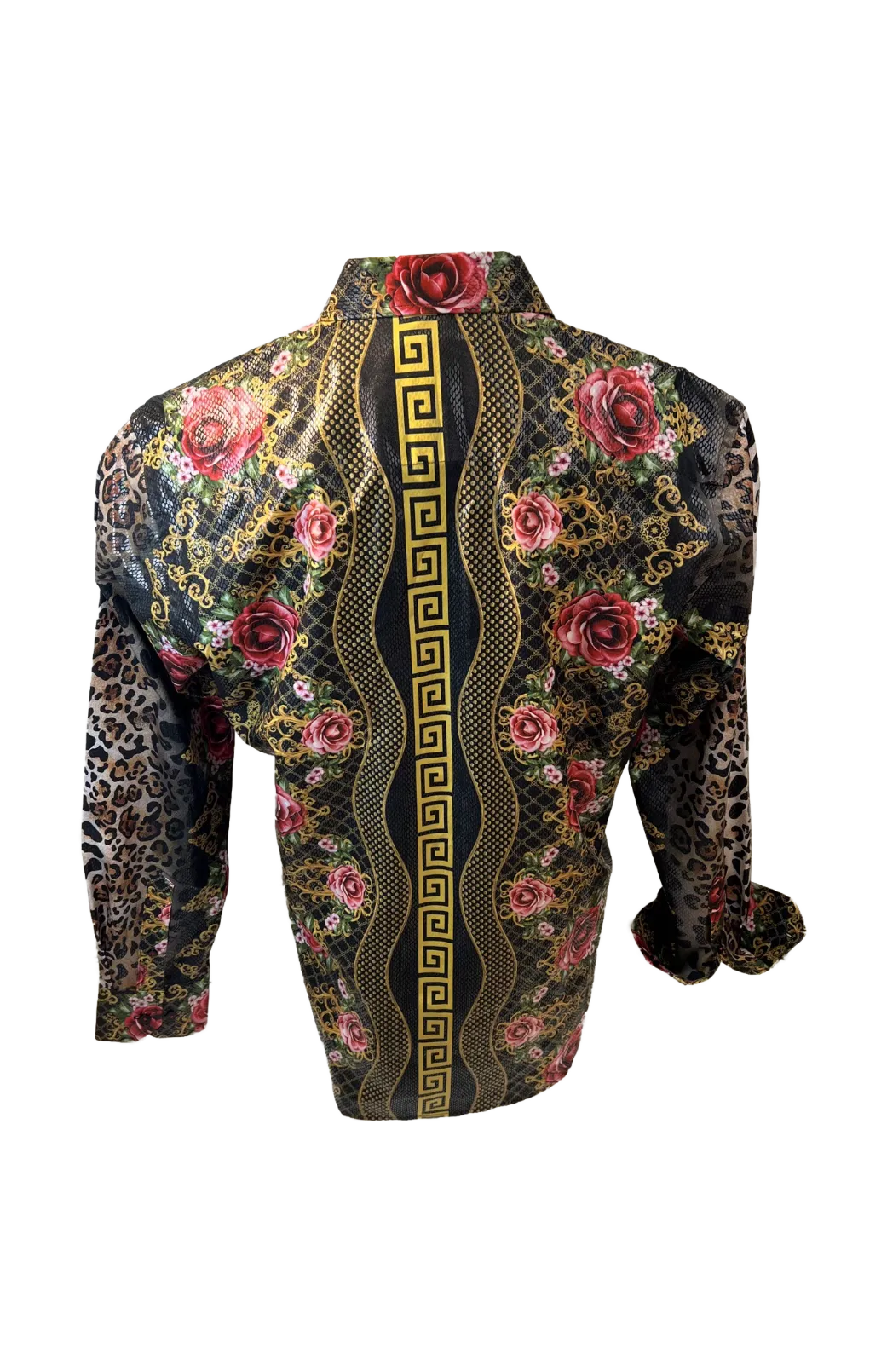 Men's Long Sleeve Button Down Dress Shirt Floral Rose Leopard Sleeves Black Red Gold