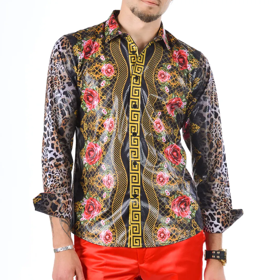 Men's Long Sleeve Button Down Dress Shirt Floral Rose Leopard Sleeves Black Red Gold