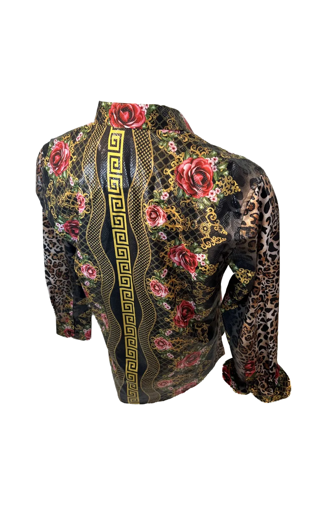 Men's Long Sleeve Button Down Dress Shirt Floral Rose Leopard Sleeves Black Red Gold