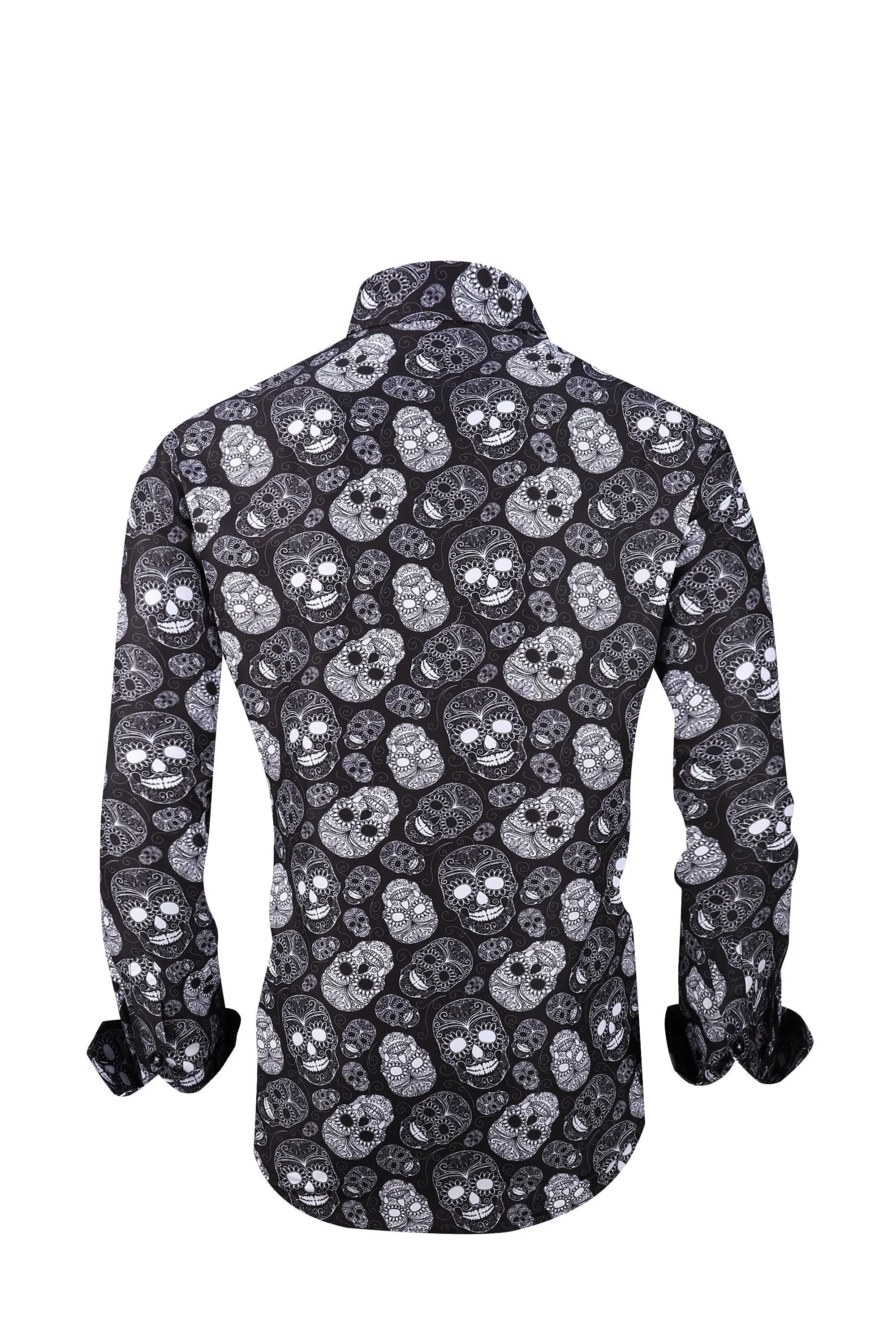 Mens PREMIERE Long Sleeve Button Down Dress Shirt Black White Abstract Skull