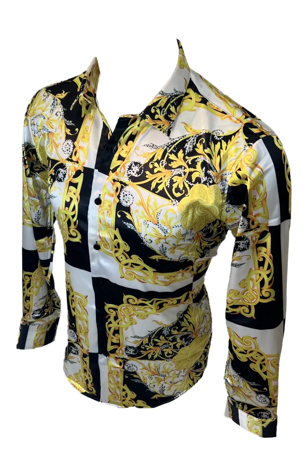 Men's Silky Long Sleeve Button Down Dress Shirt White Black Gold Leaf Chain