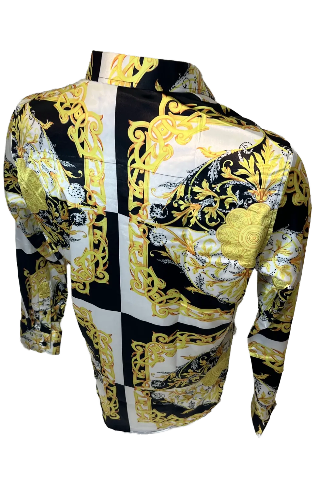 Men's Silky Long Sleeve Button Down Dress Shirt White Black Gold Leaf Chain