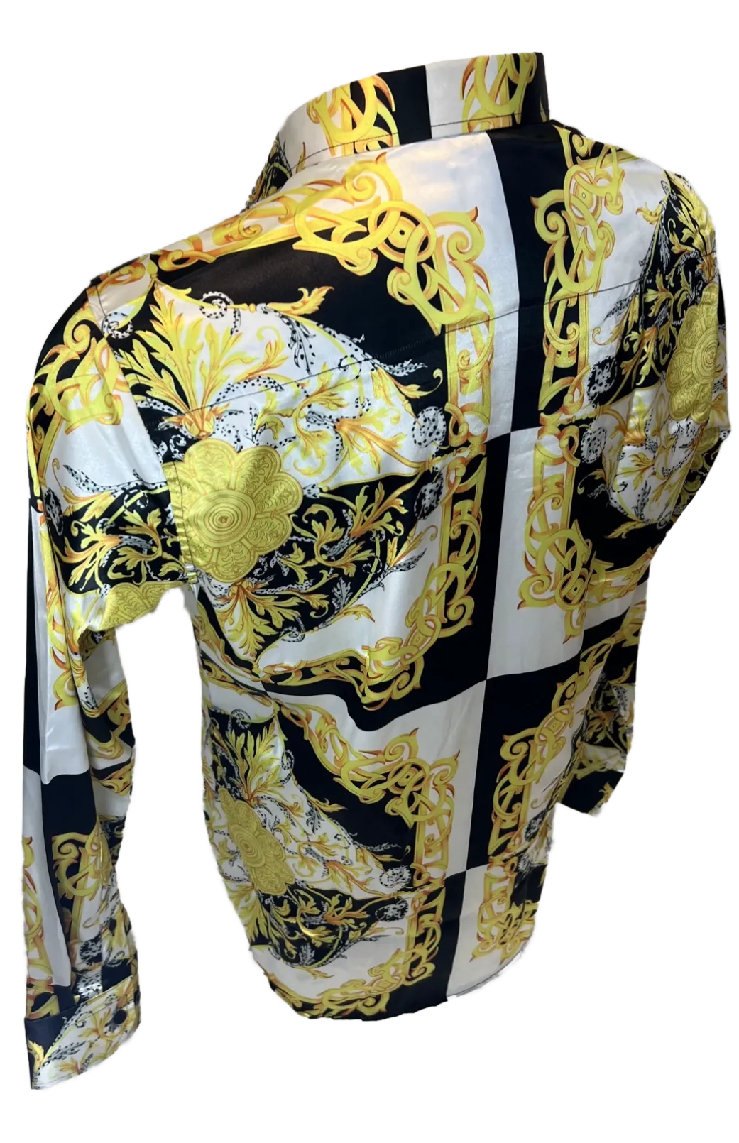 Men's Silky Long Sleeve Button Down Dress Shirt White Black Gold Leaf Chain