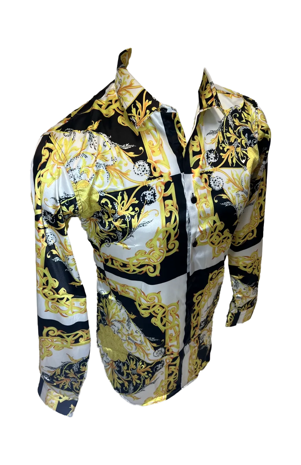 Men's Silky Long Sleeve Button Down Dress Shirt White Black Gold Leaf Chain