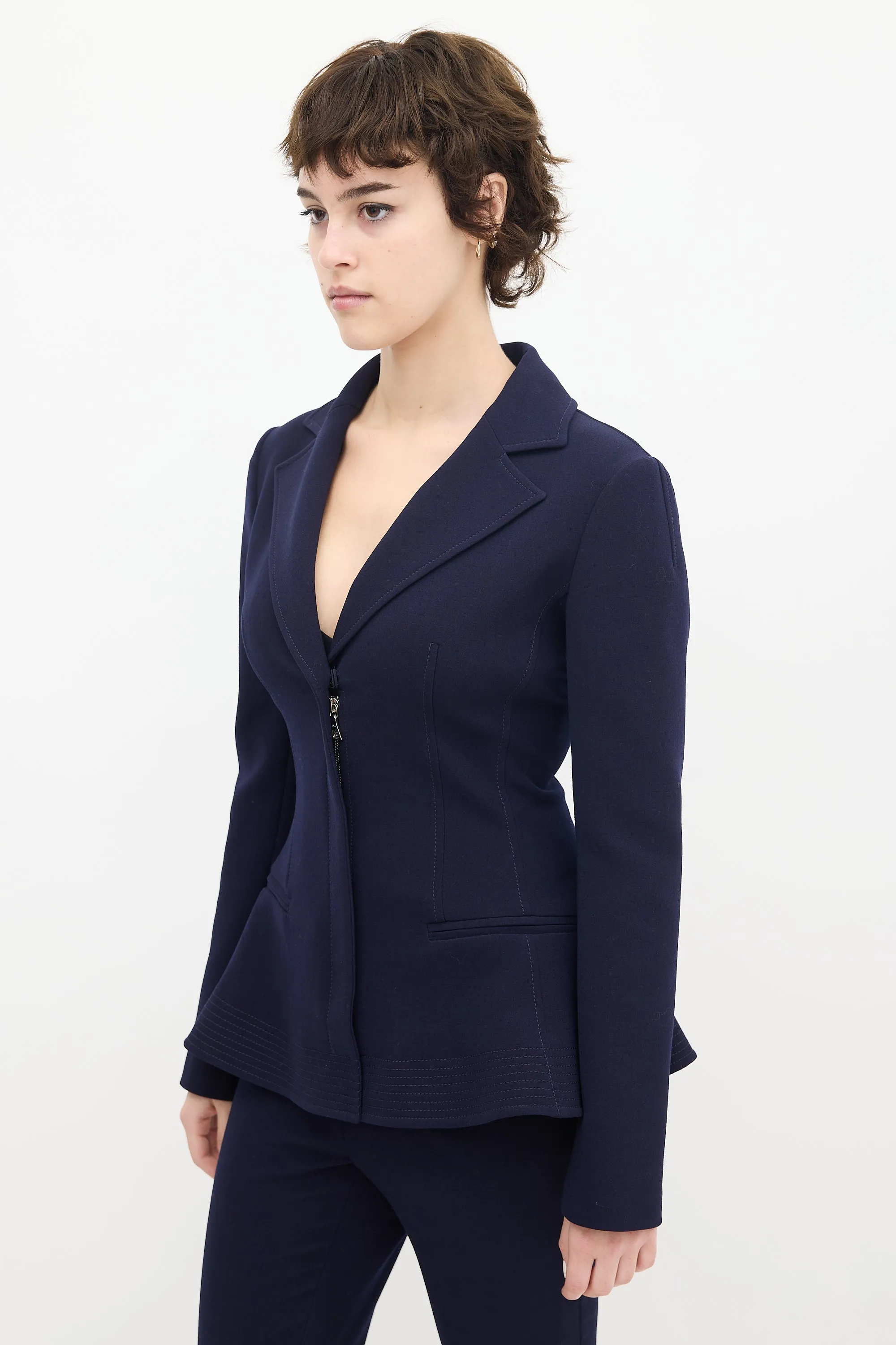Navy Wool & Nylon Flared Waist Suit