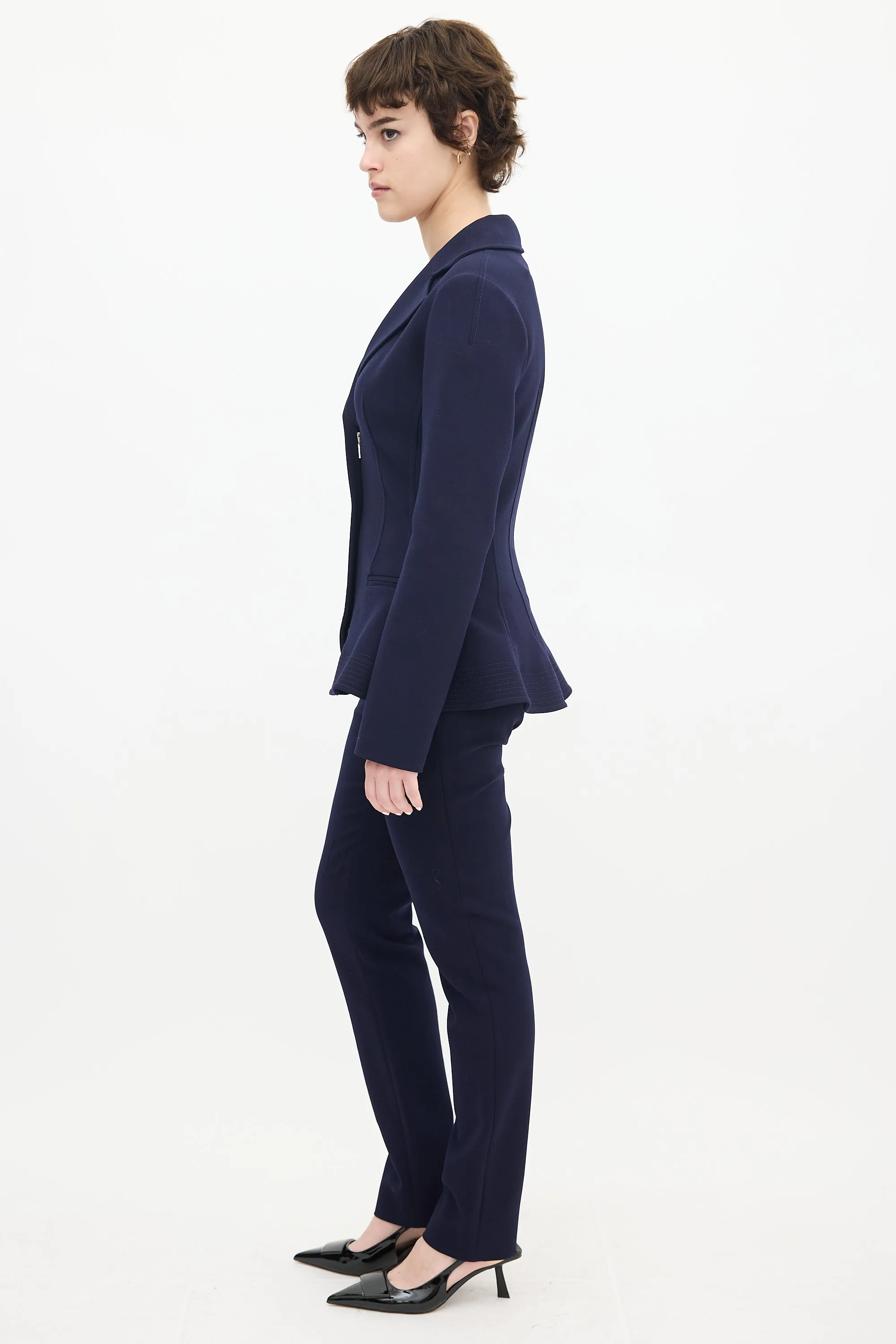 Navy Wool & Nylon Flared Waist Suit
