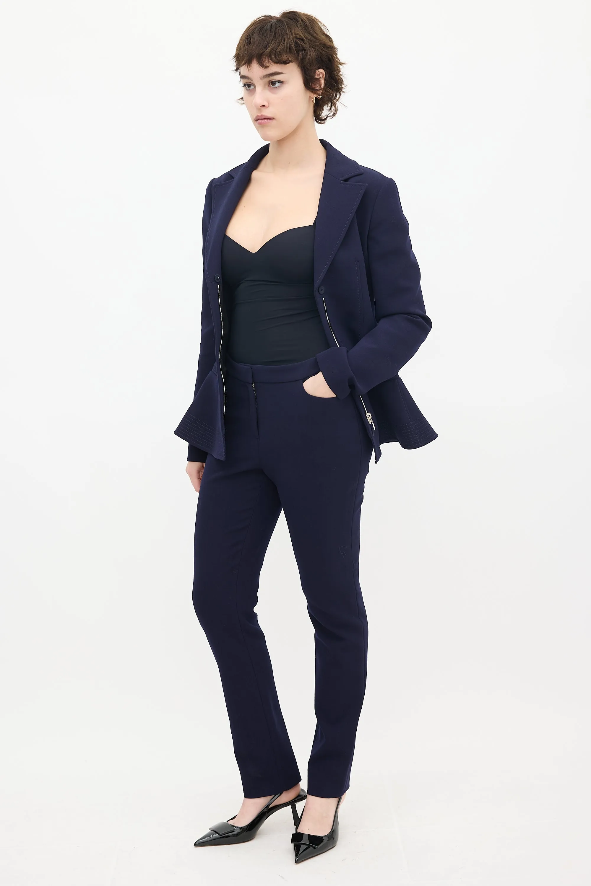 Navy Wool & Nylon Flared Waist Suit