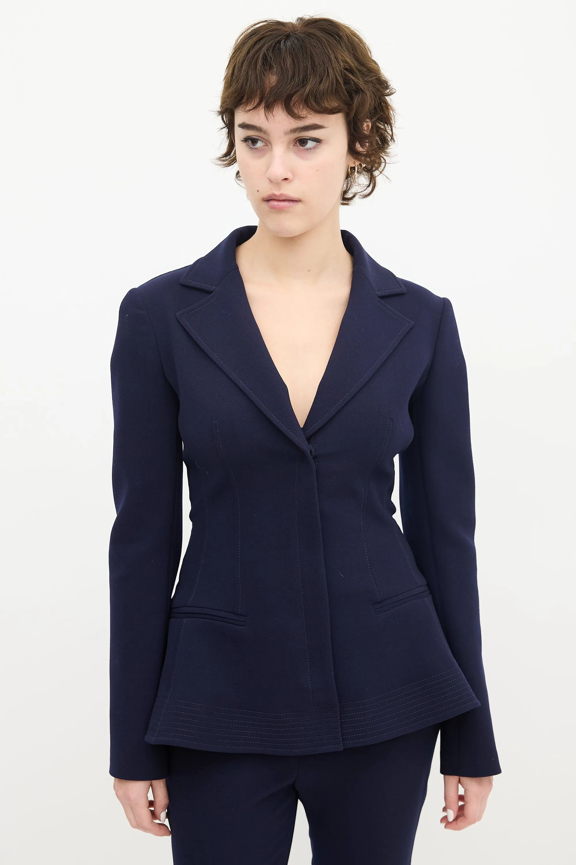 Navy Wool & Nylon Flared Waist Suit