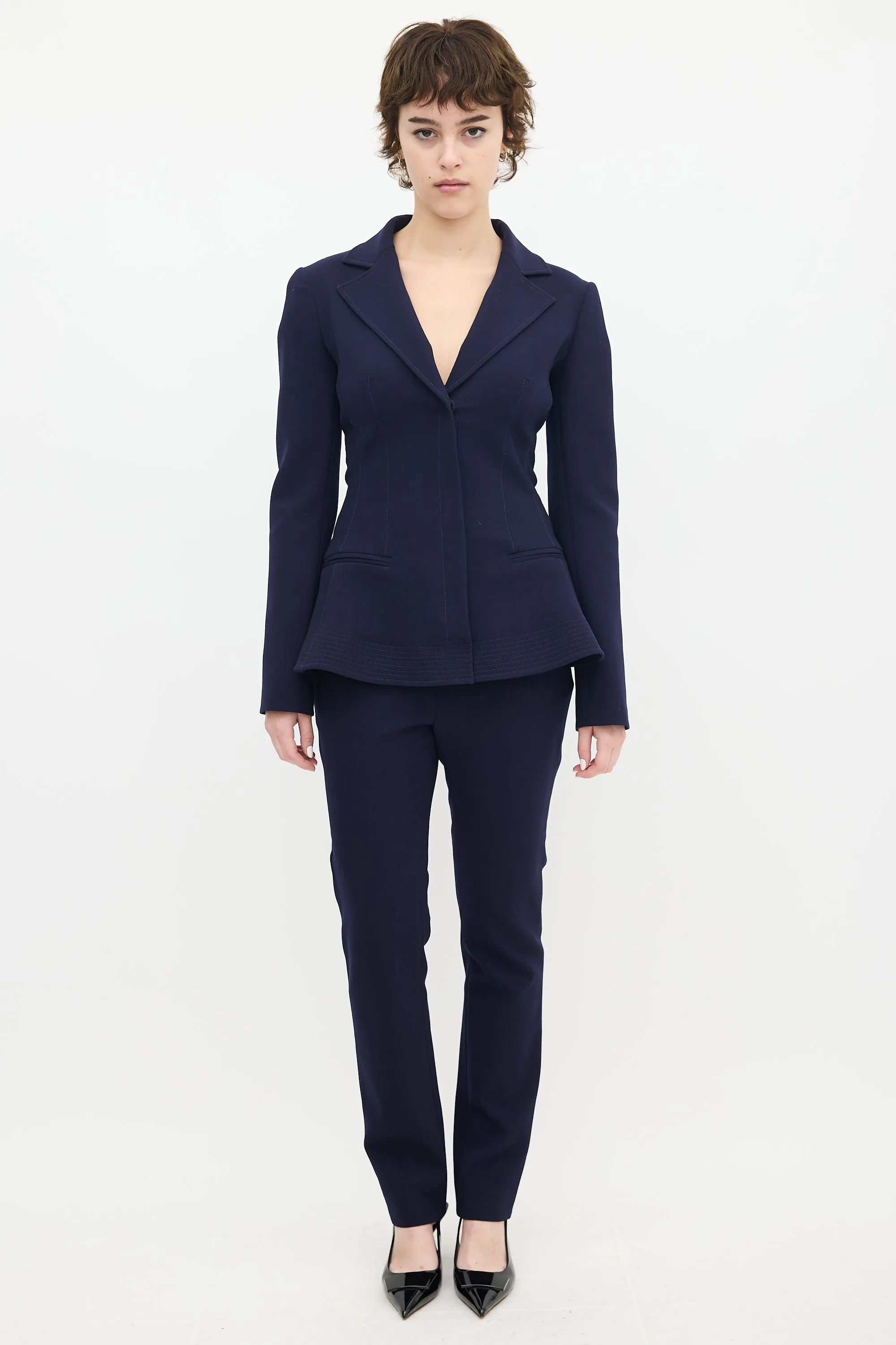 Navy Wool & Nylon Flared Waist Suit