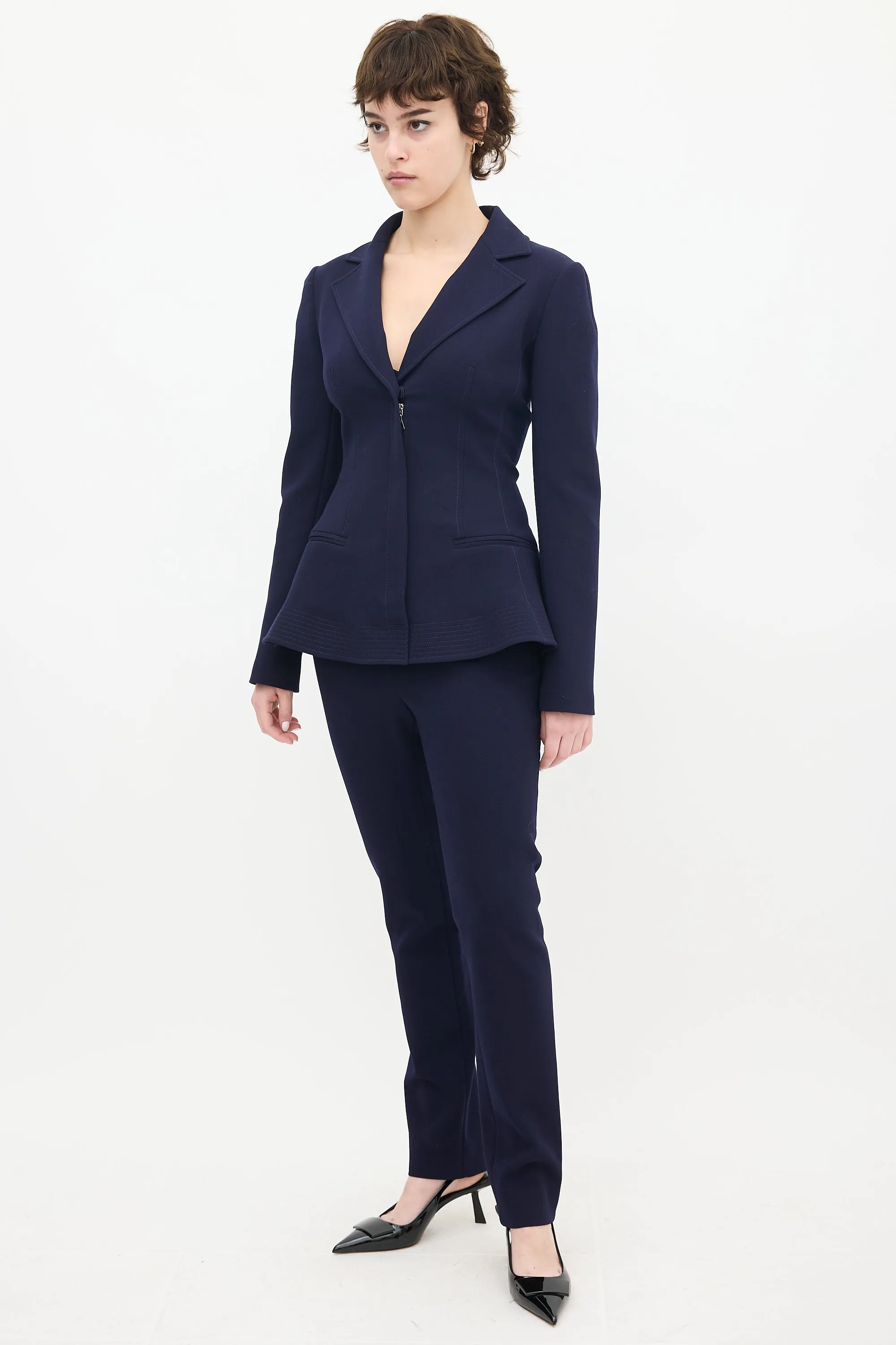 Navy Wool & Nylon Flared Waist Suit