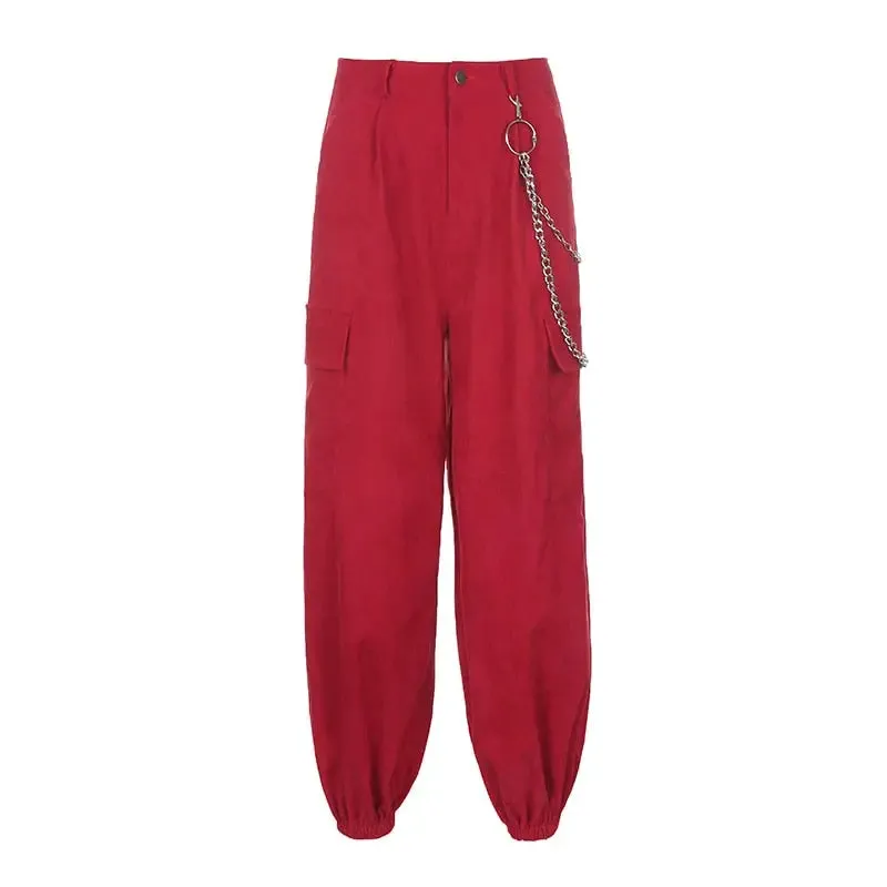 Red Big Pockets Chain Zipper High Waist Cargo Pants