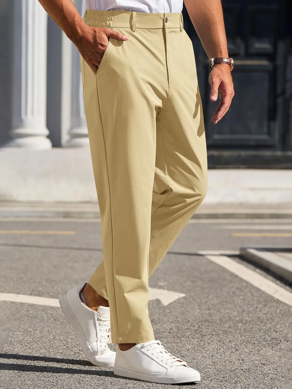 Runcati Mens Stretch Golf Pants Casual Slim Fit Dress Pants Elastic Waist Tapered Work Cropped Trousers