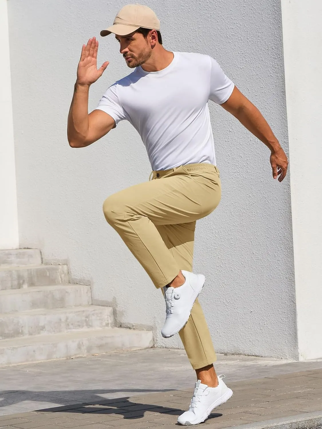 Runcati Mens Stretch Golf Pants Casual Slim Fit Dress Pants Elastic Waist Tapered Work Cropped Trousers