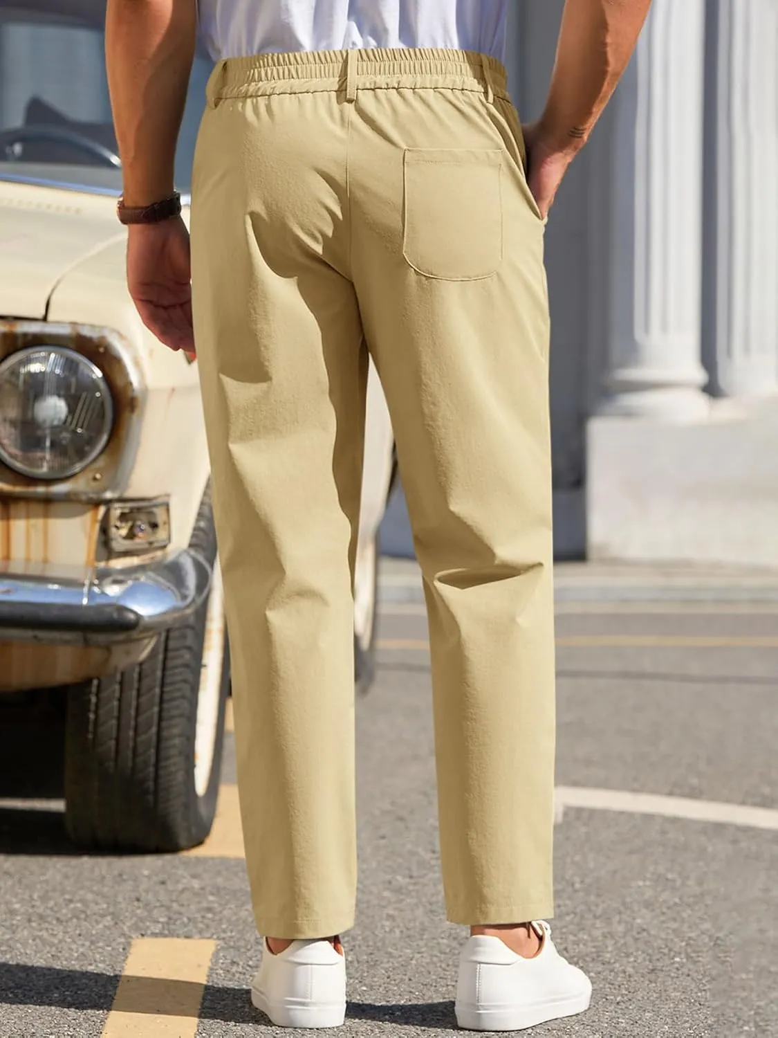 Runcati Mens Stretch Golf Pants Casual Slim Fit Dress Pants Elastic Waist Tapered Work Cropped Trousers