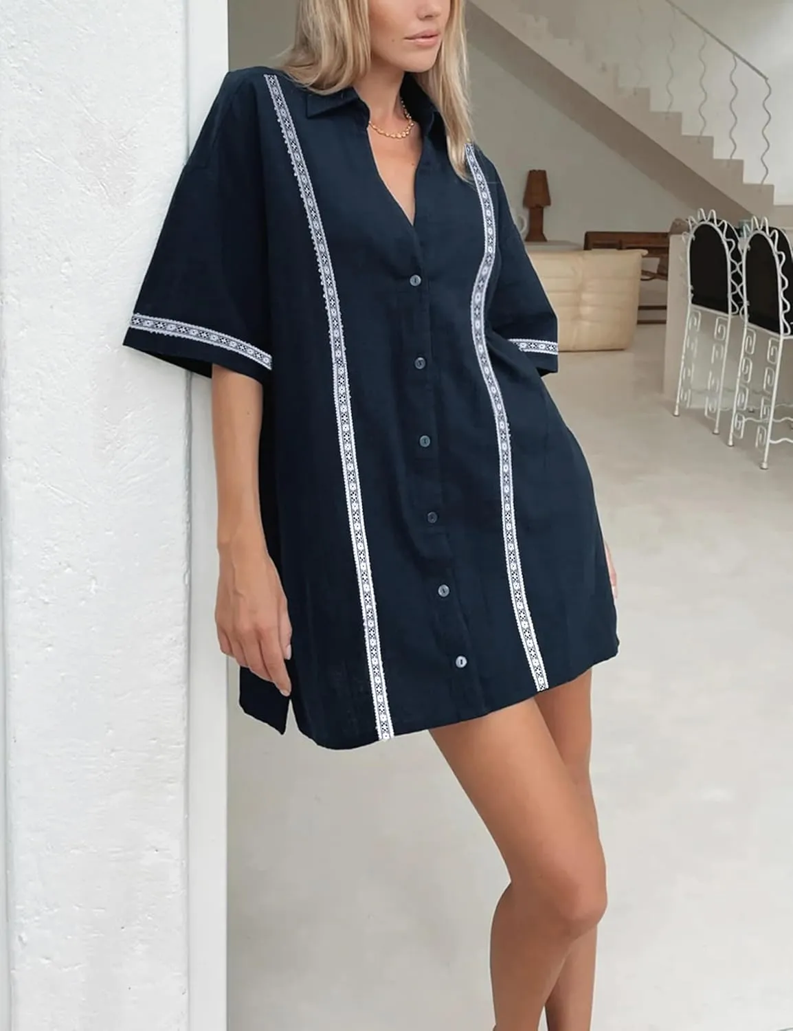 SKIKYAN Womens Summer Button Down Shirt Dress Short Sleeve Oversized Casual Cotton Linen Beach Dresses Lace Tunics Tops