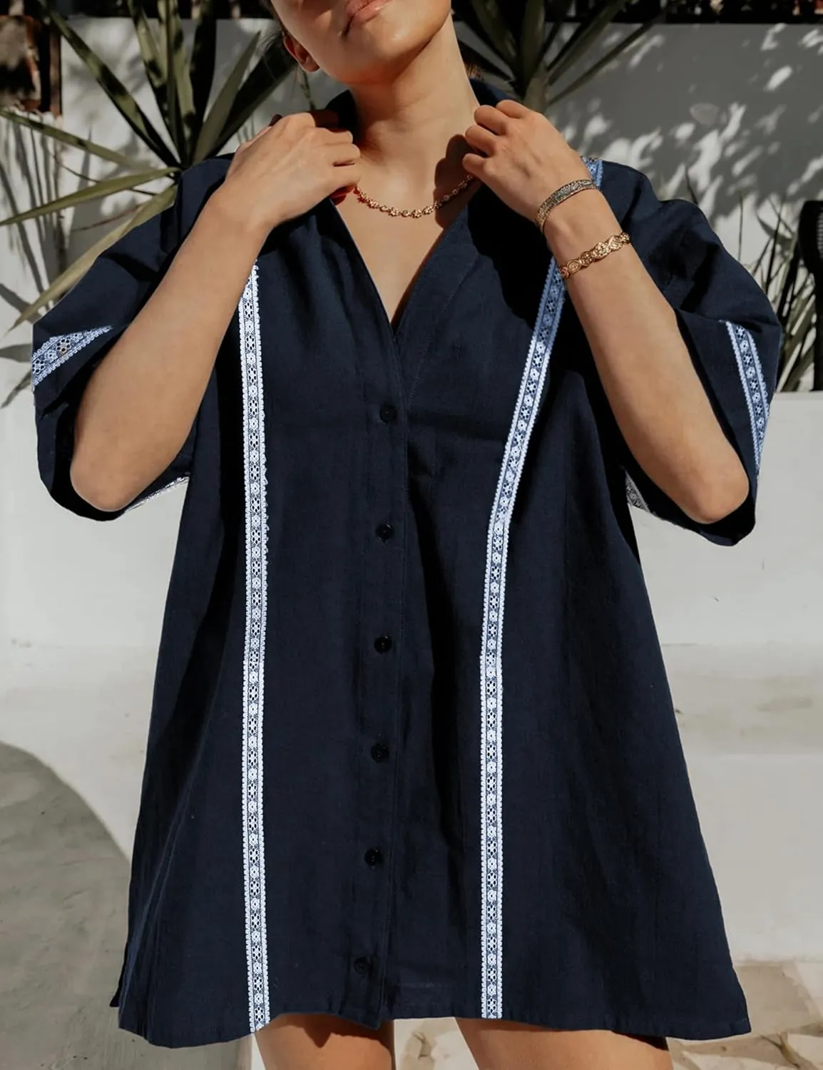 SKIKYAN Womens Summer Button Down Shirt Dress Short Sleeve Oversized Casual Cotton Linen Beach Dresses Lace Tunics Tops