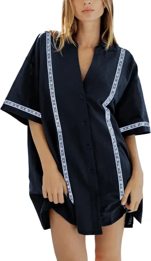SKIKYAN Womens Summer Button Down Shirt Dress Short Sleeve Oversized Casual Cotton Linen Beach Dresses Lace Tunics Tops
