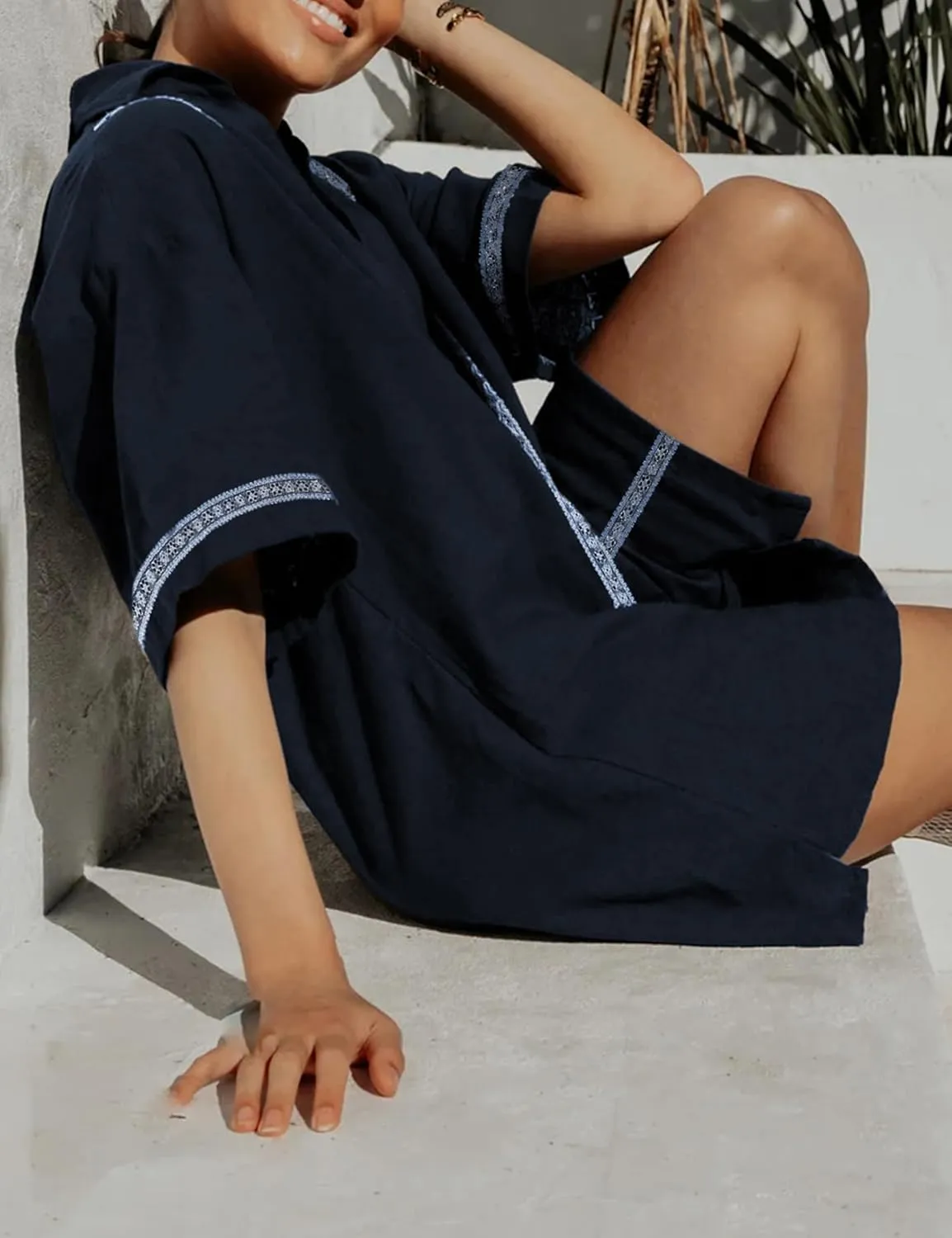 SKIKYAN Womens Summer Button Down Shirt Dress Short Sleeve Oversized Casual Cotton Linen Beach Dresses Lace Tunics Tops