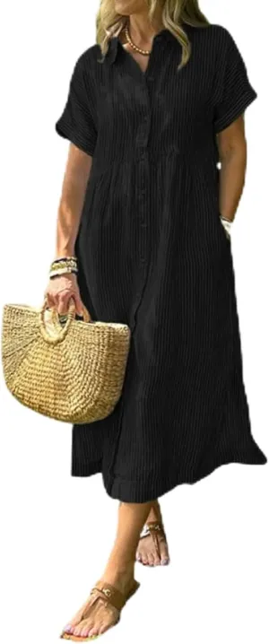Striped Lapel Button Down Shirt Dress with Functional Pockets, Summer Casual Midi Short Sleeve Dresses Loose Beach Cover Up