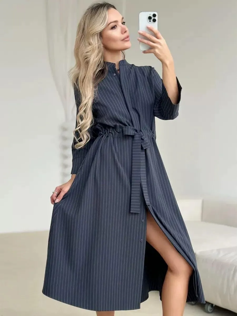 utcoco Women's 2025 Trendy Long Sleeve Cotton Maxi Shirt Dress Tie Waist Button Down Dress with Pockets