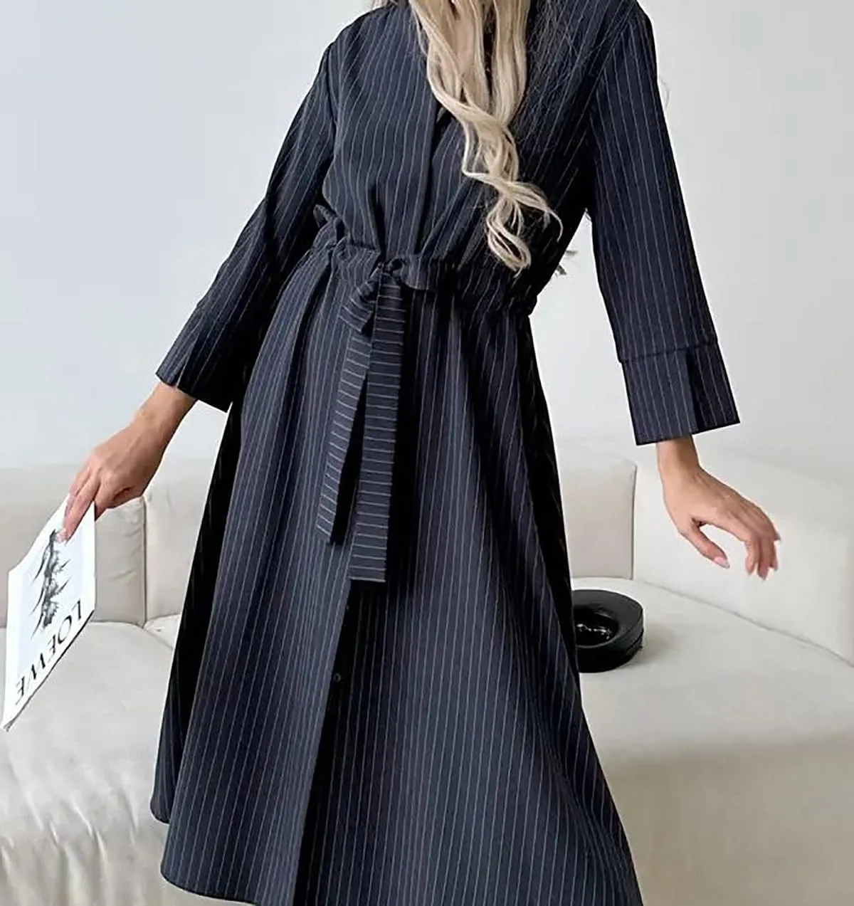 utcoco Women's 2025 Trendy Long Sleeve Cotton Maxi Shirt Dress Tie Waist Button Down Dress with Pockets