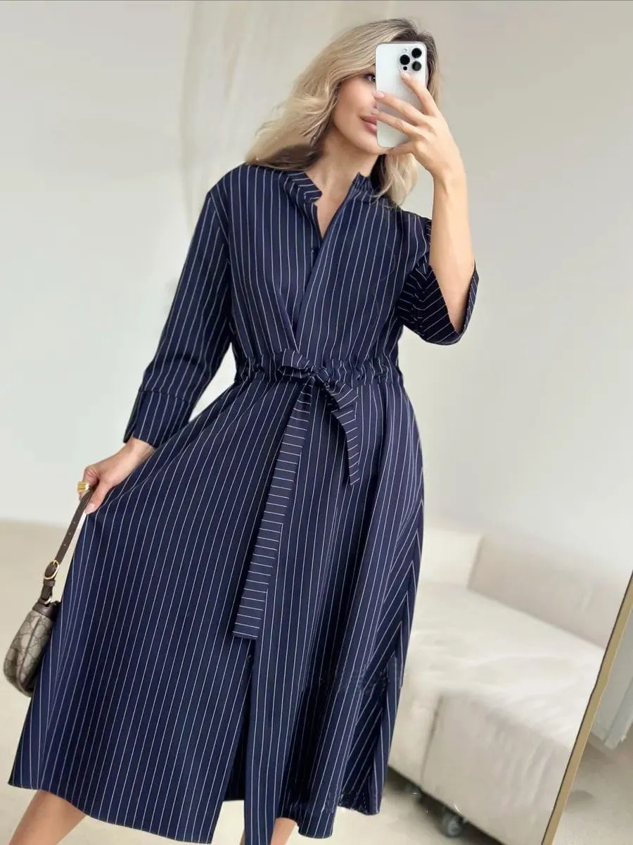 utcoco Women's 2025 Trendy Long Sleeve Cotton Maxi Shirt Dress Tie Waist Button Down Dress with Pockets