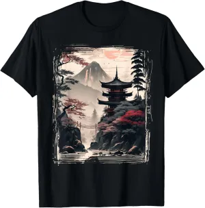 Vintage Japanese Flower Tee Mountain View Landscape Graphic T-Shirt