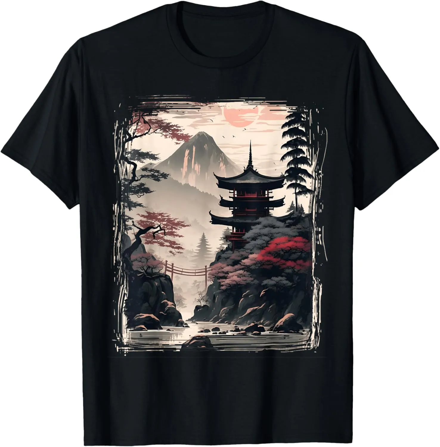 Vintage Japanese Flower Tee Mountain View Landscape Graphic T-Shirt