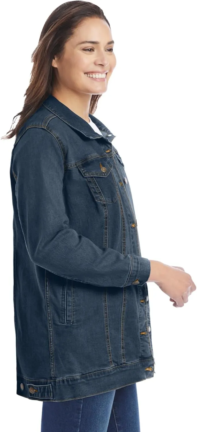 Woman Within Plus Size Long Stretch Denim Jacket Oversized Jean Jacket