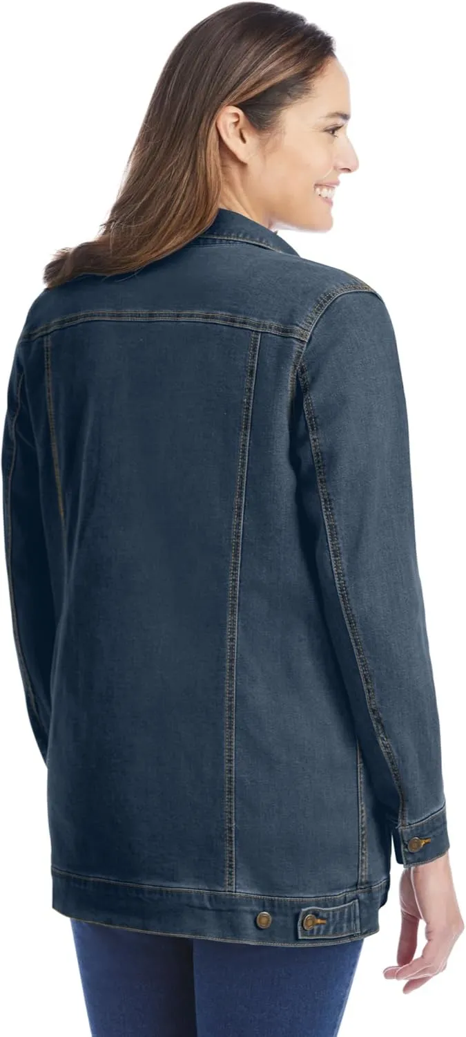 Woman Within Plus Size Long Stretch Denim Jacket Oversized Jean Jacket