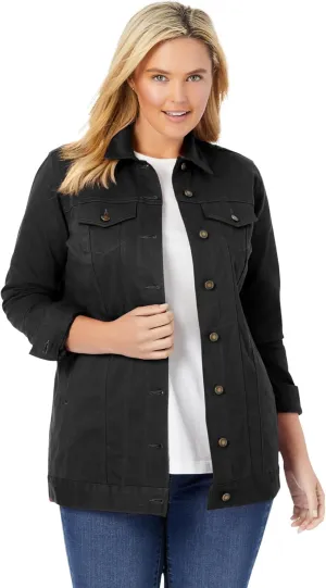 Woman Within Plus Size Long Stretch Denim Jacket Oversized Jean Jacket