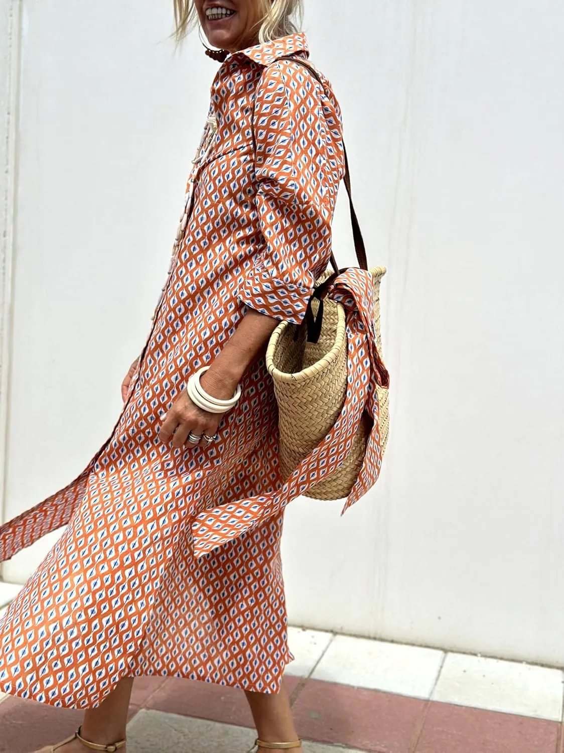 Women 2025 Summer Shirt Dress Classic Striped Lace-Up Shirt Dress Button Down Split Belted Vacation Maxi Dress
