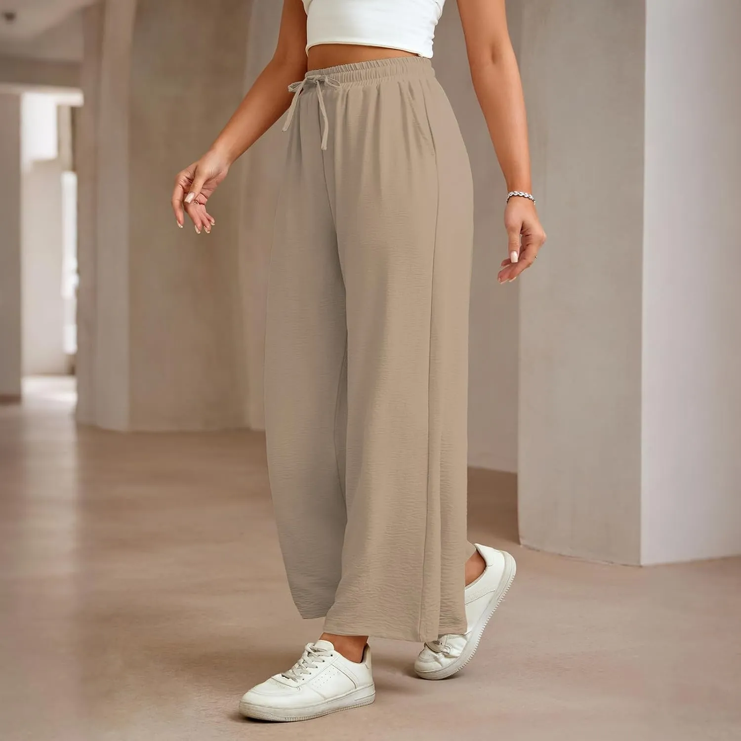 Women Wide Leg Pants Casual Drawstring Elastic High Waist Flowy Beach Palazzo Work Formal Pants with Pockets