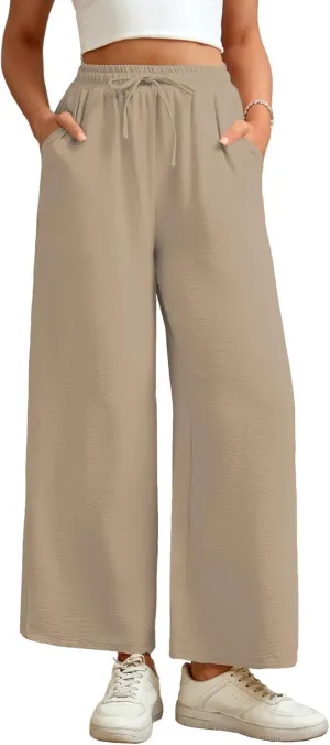 Women Wide Leg Pants Casual Drawstring Elastic High Waist Flowy Beach Palazzo Work Formal Pants with Pockets