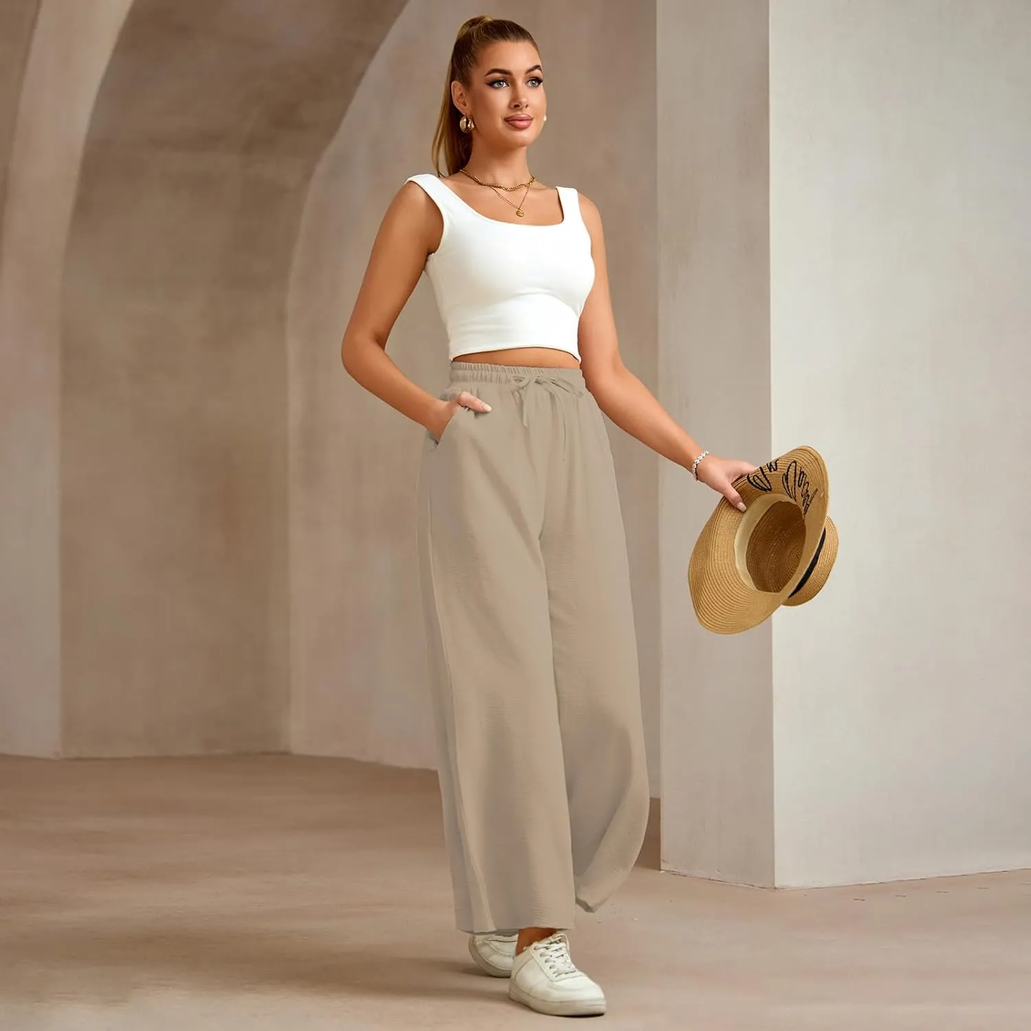 Women Wide Leg Pants Casual Drawstring Elastic High Waist Flowy Beach Palazzo Work Formal Pants with Pockets