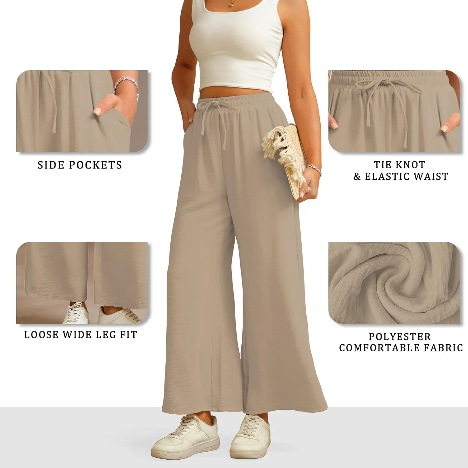 Women Wide Leg Pants Casual Drawstring Elastic High Waist Flowy Beach Palazzo Work Formal Pants with Pockets