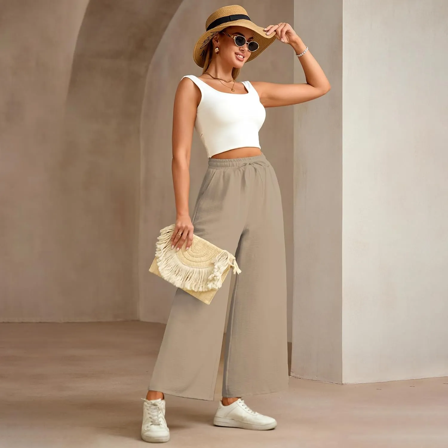 Women Wide Leg Pants Casual Drawstring Elastic High Waist Flowy Beach Palazzo Work Formal Pants with Pockets