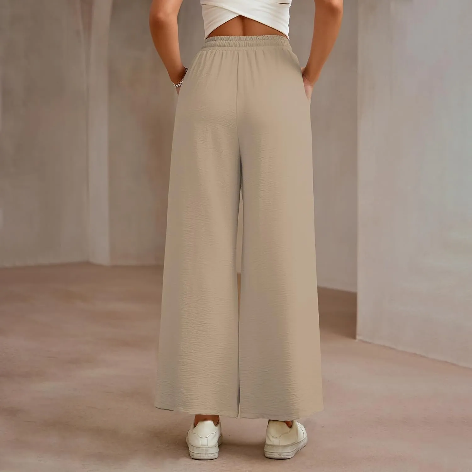 Women Wide Leg Pants Casual Drawstring Elastic High Waist Flowy Beach Palazzo Work Formal Pants with Pockets