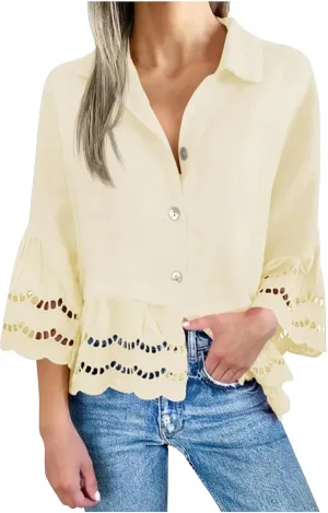 Womens Button Down Blouse 3/4 Bell Sleeve Lace Trim Shirt Casual Dressy Tops Fashion Business Work Outfits