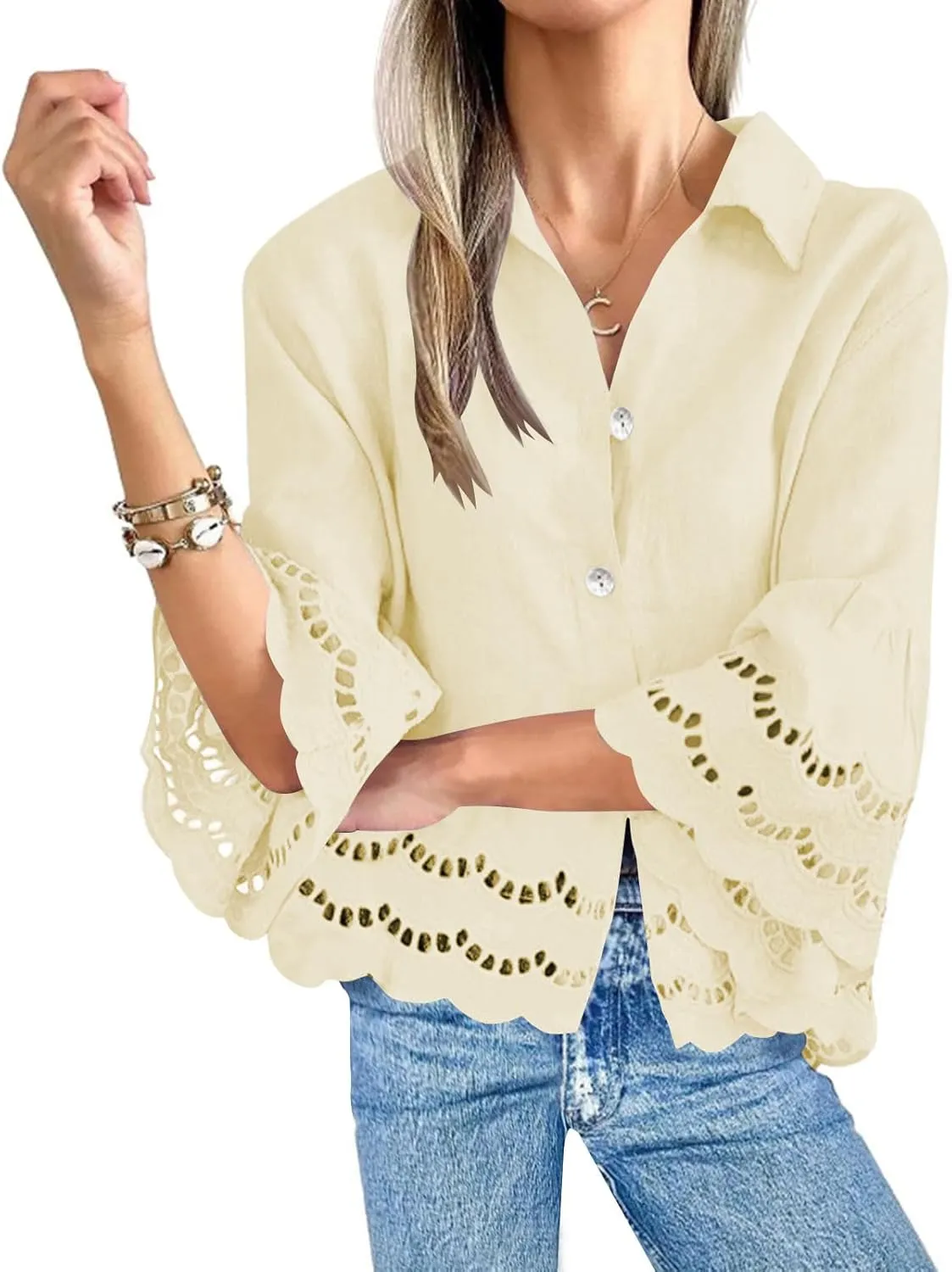 Womens Button Down Blouse 3/4 Bell Sleeve Lace Trim Shirt Casual Dressy Tops Fashion Business Work Outfits