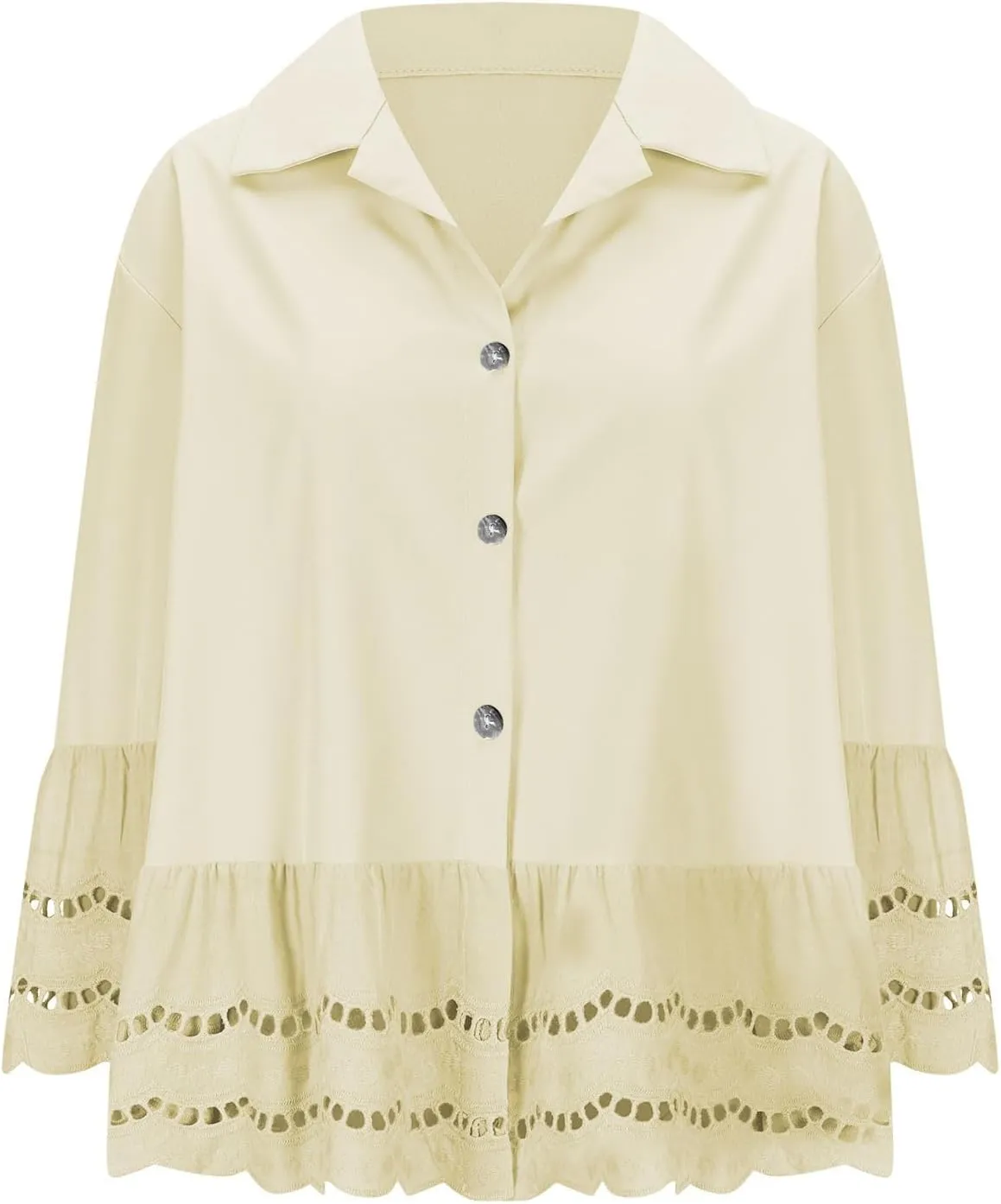 Womens Button Down Blouse 3/4 Bell Sleeve Lace Trim Shirt Casual Dressy Tops Fashion Business Work Outfits