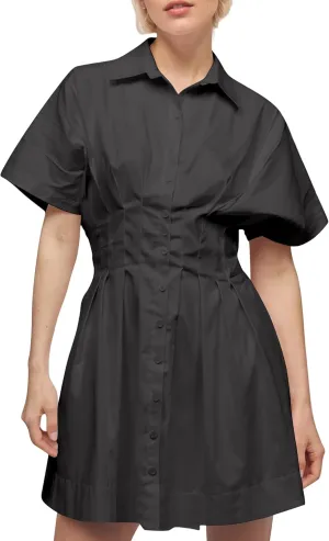 Womens Button Front Down Pleated Shirt Dress Summer Casual Striped Short Sleeve Blouse Mini Dresses
