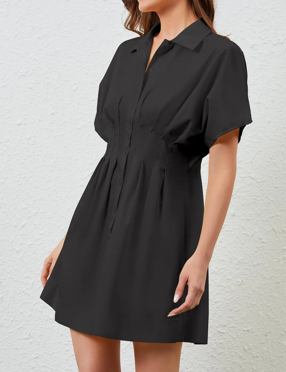 Womens Button Front Down Pleated Shirt Dress Summer Casual Striped Short Sleeve Blouse Mini Dresses