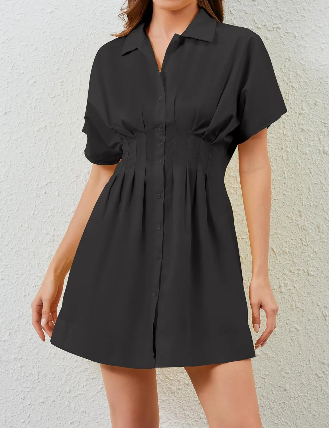 Womens Button Front Down Pleated Shirt Dress Summer Casual Striped Short Sleeve Blouse Mini Dresses
