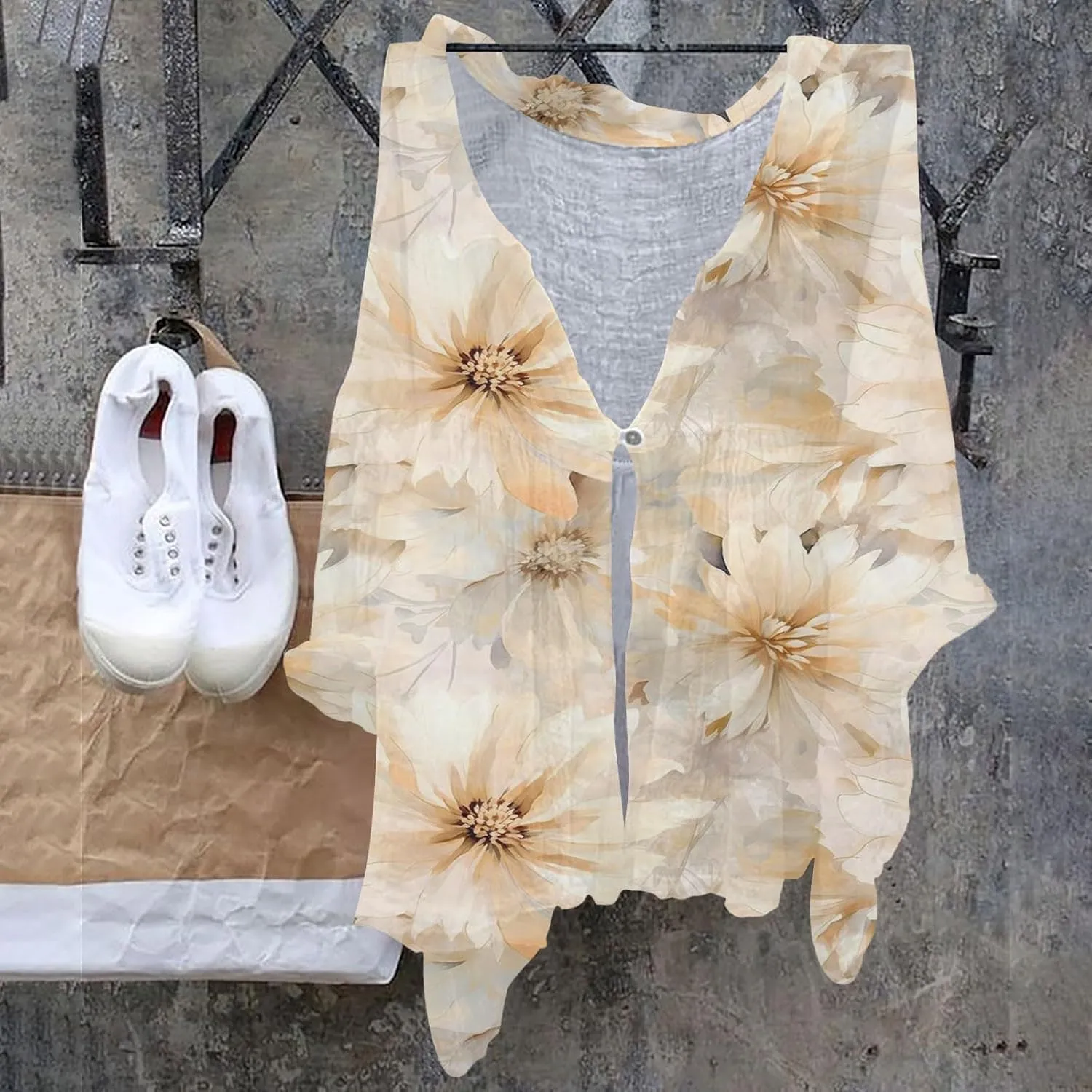 Womens Casual Button V Neck Women's Floral Butterfly Print Natural Autumn Fragrant Shirts Loose Work Tops
